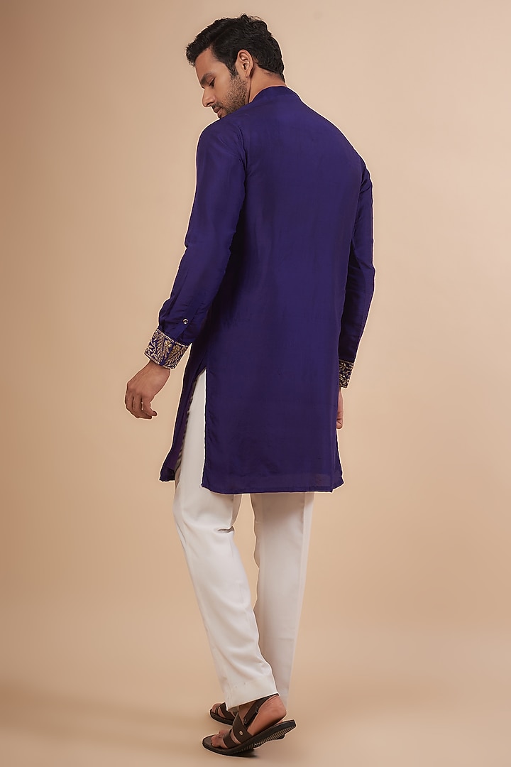 Royal Blue Pure Silk Zardosi Embroidered Kurta by LABEL POOJA RANKA at Pernia's Pop Up Shop