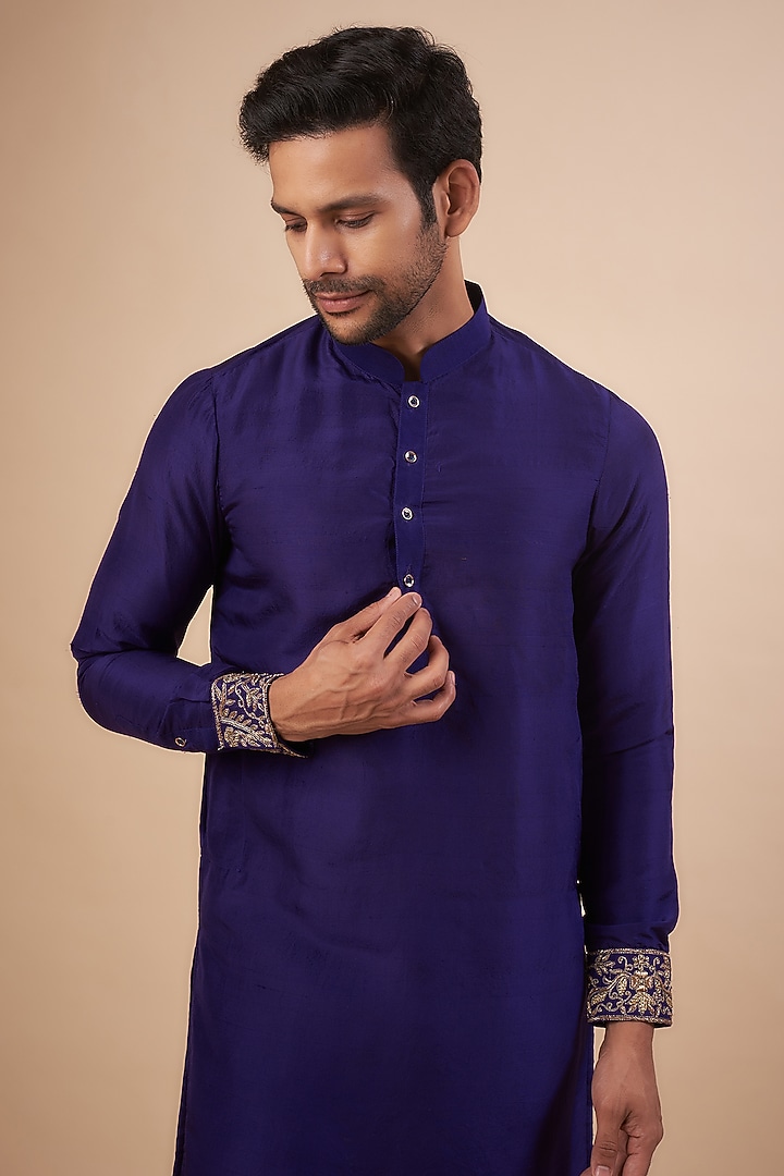 Royal Blue Pure Silk Zardosi Embroidered Kurta by LABEL POOJA RANKA at Pernia's Pop Up Shop