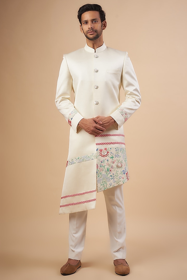 White Linen Satin Floral Embroidered Sherwani Set by LABEL POOJA RANKA