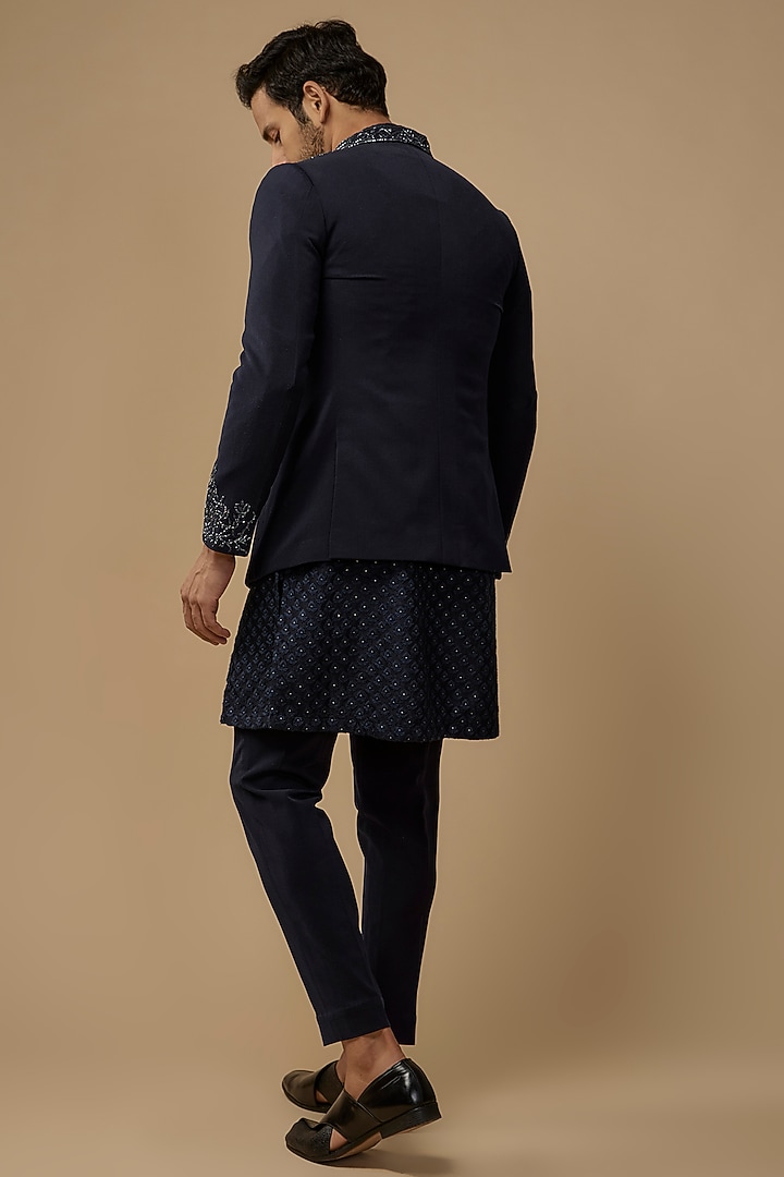 Navy Blue Lycra Cutdana Embroidered Wedding Bandhgala Set by LABEL POOJA RANKA at Pernia's Pop Up Shop