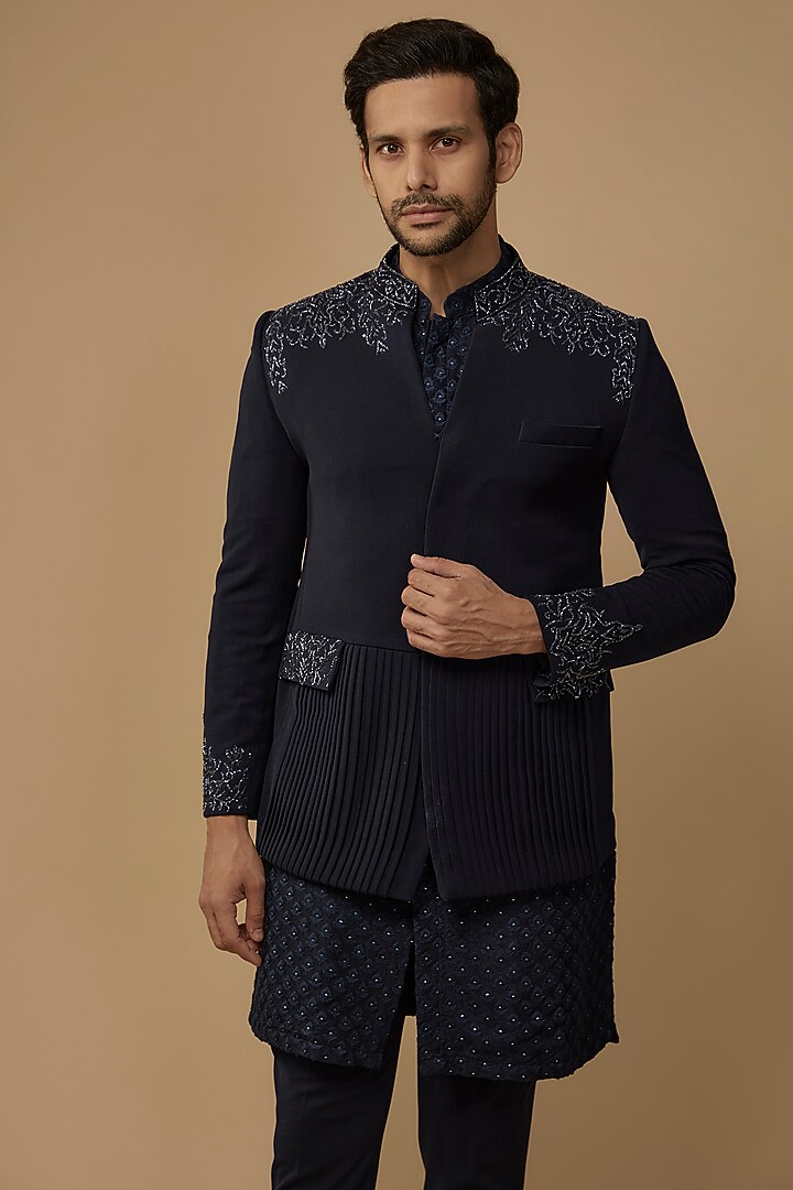 Navy Blue Lycra Cutdana Embroidered Wedding Bandhgala Set by LABEL POOJA RANKA at Pernia's Pop Up Shop