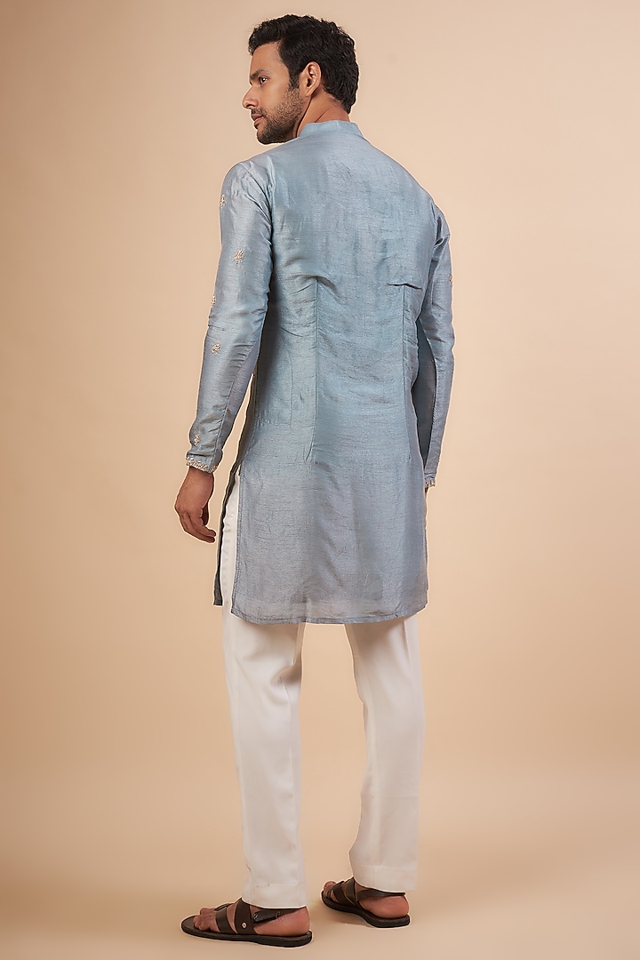 Powder Blue Silk Zardosi Embroidered Kurta by LABEL POOJA RANKA at Pernia's Pop Up Shop