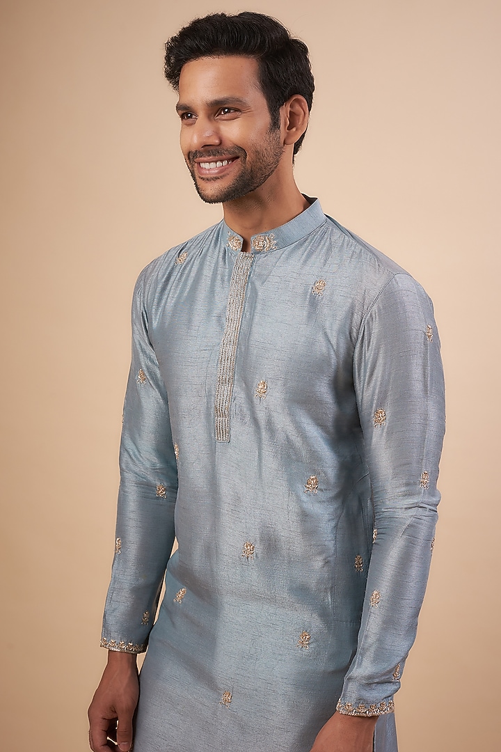 Powder Blue Silk Zardosi Embroidered Kurta by LABEL POOJA RANKA at Pernia's Pop Up Shop