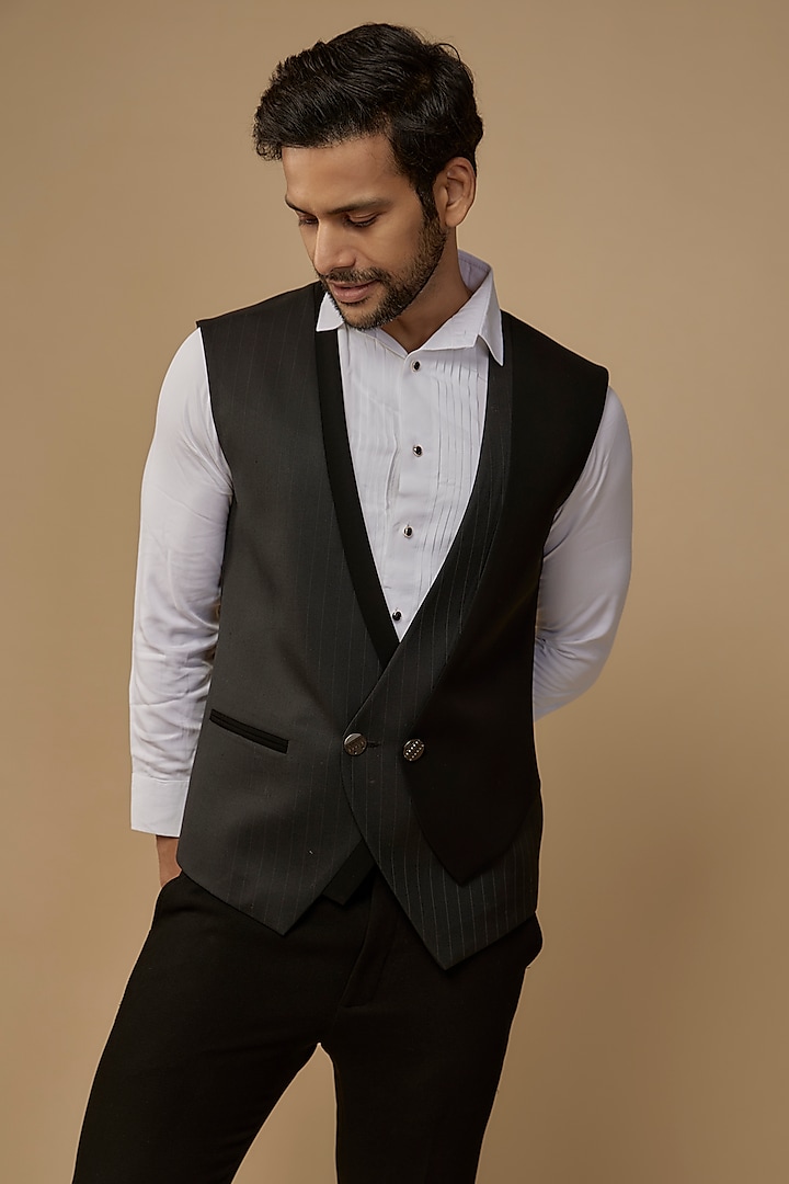Black Suiting Terry Rayon Striped Waistcoat by LABEL POOJA RANKA