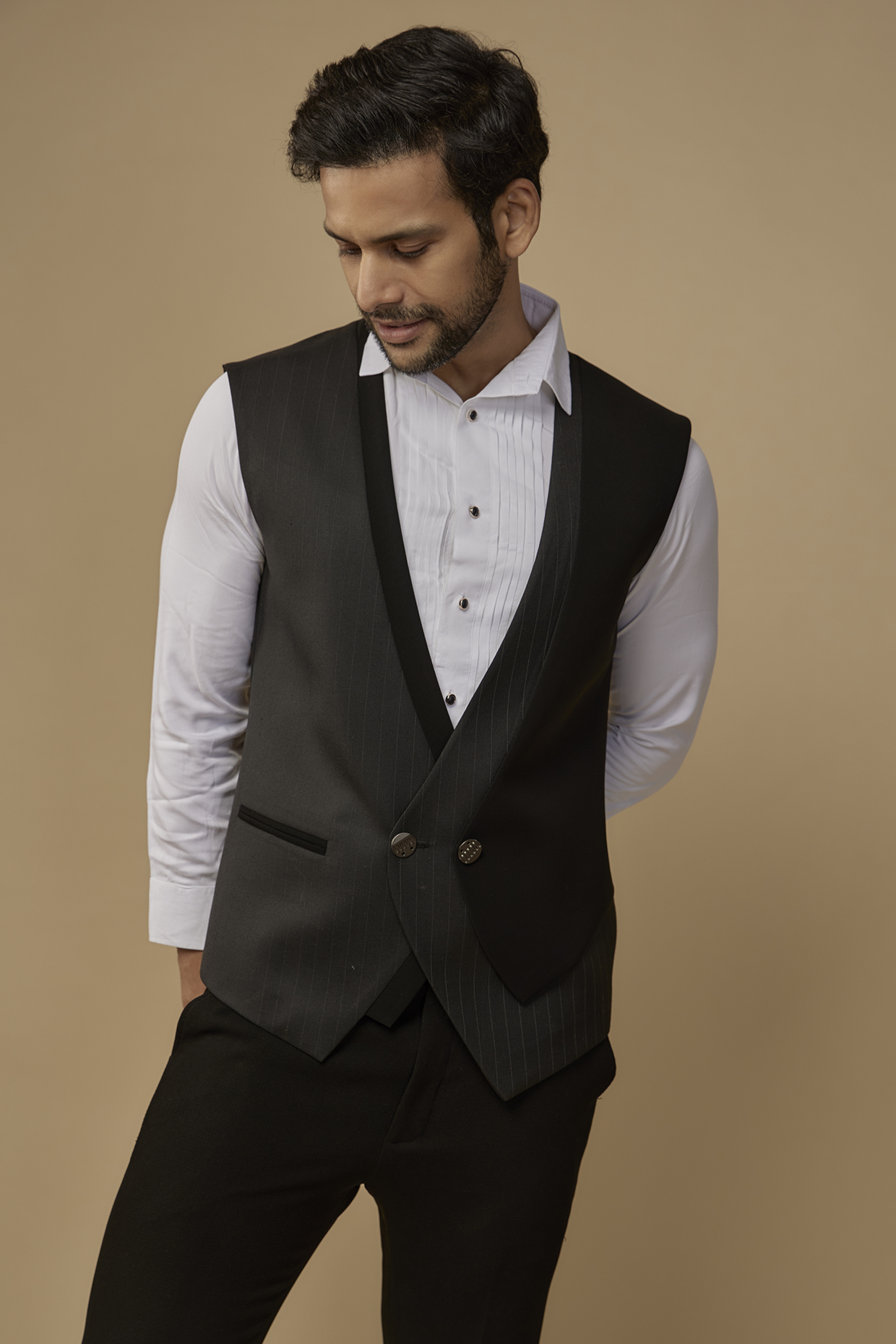 Black Suiting Terry Rayon Striped Waistcoat by LABEL POOJA RANKA