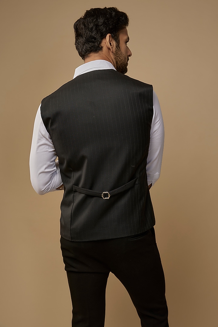 Black Suiting Terry Rayon Striped Waistcoat by LABEL POOJA RANKA at Pernia's Pop Up Shop