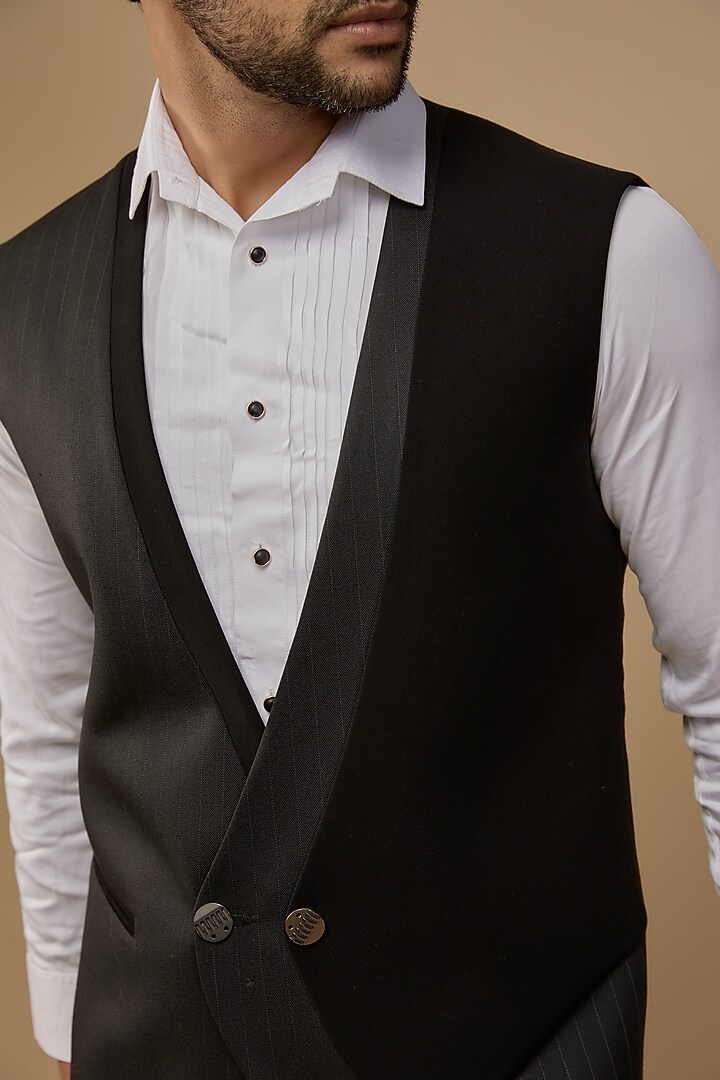 Black Suiting Terry Rayon Striped Waistcoat by LABEL POOJA RANKA at Pernia's Pop Up Shop