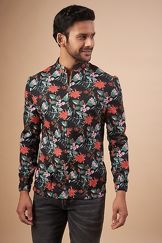 Black Modal Satin Floral Printed Bomber Jacket by LABEL POOJA RANKA