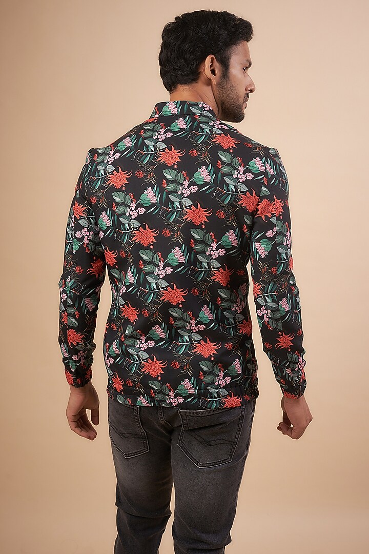 Black Modal Satin Floral Printed Bomber Jacket by LABEL POOJA RANKA at Pernia's Pop Up Shop