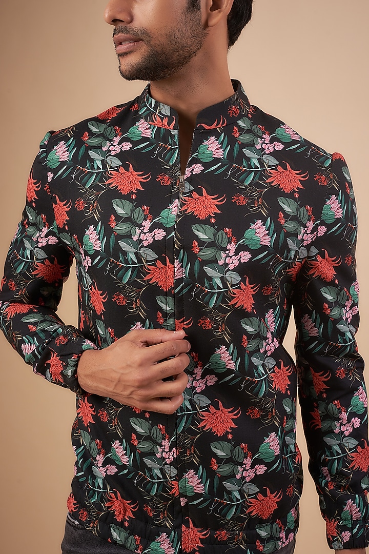 Black Modal Satin Floral Printed Bomber Jacket by LABEL POOJA RANKA at Pernia's Pop Up Shop