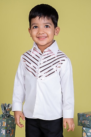 White Shirting Metallic Stripe Work Shirt For Boys by Little Luxe