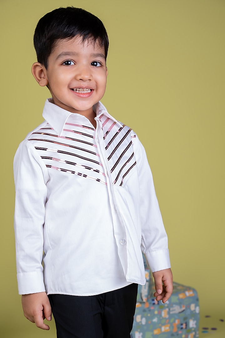 White Shirting Metallic Stripe Work Shirt For Boys by Little Luxe at Pernia's Pop Up Shop