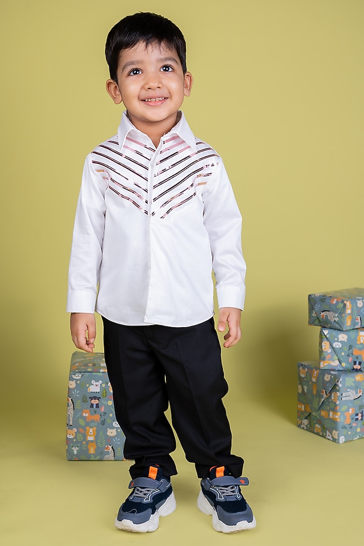 White Shirting Metallic Stripe Work Shirt For Boys by Little Luxe at Pernia's Pop Up Shop