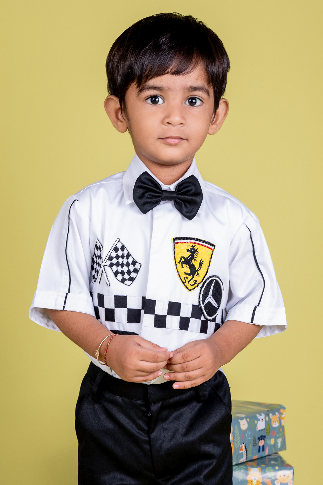 Black Suiting Shirting Thread Embroidered Co-Ord Set For Boys by Little Luxe