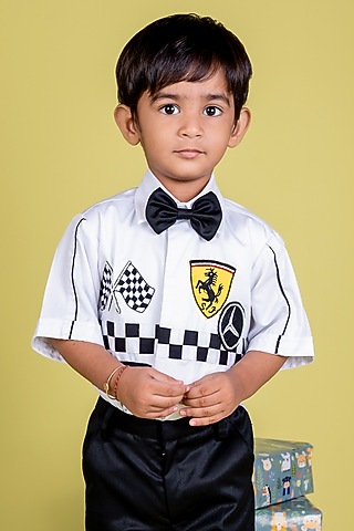 Black Suiting Shirting Thread Embroidered Co-Ord Set For Boys by Little Luxe