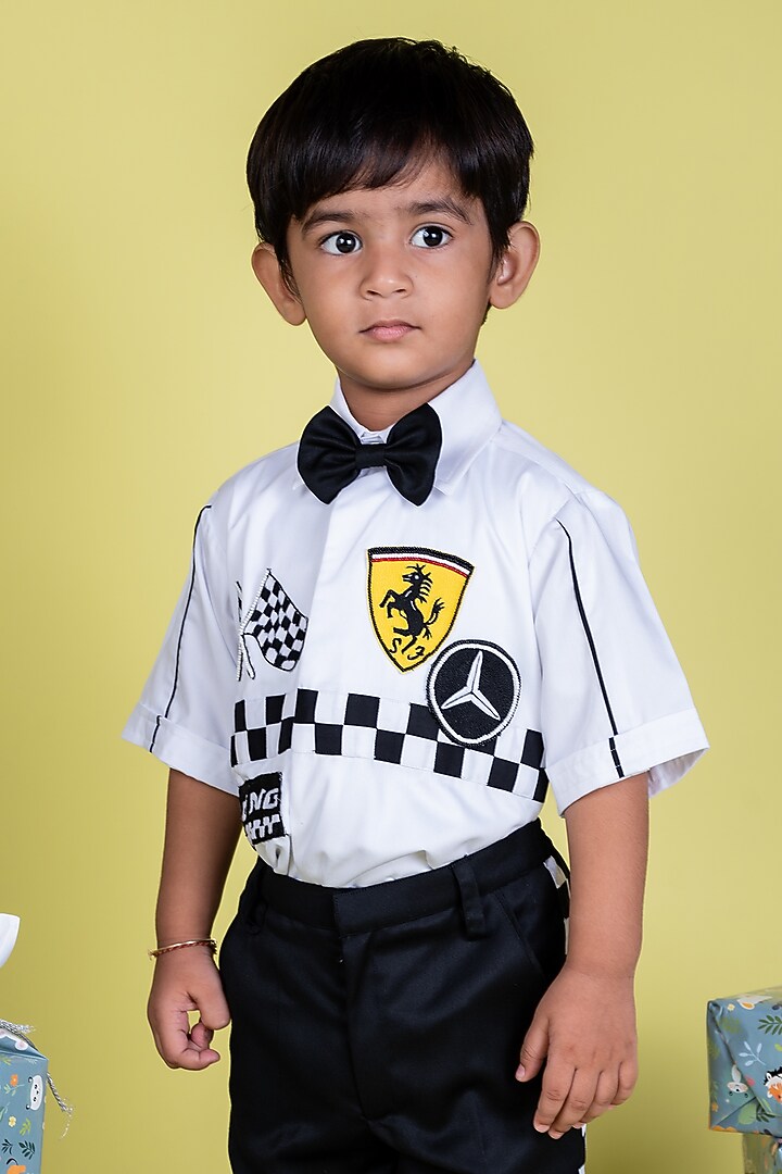 Black Suiting Shirting Thread Embroidered Co-Ord Set For Boys by Little Luxe at Pernia's Pop Up Shop