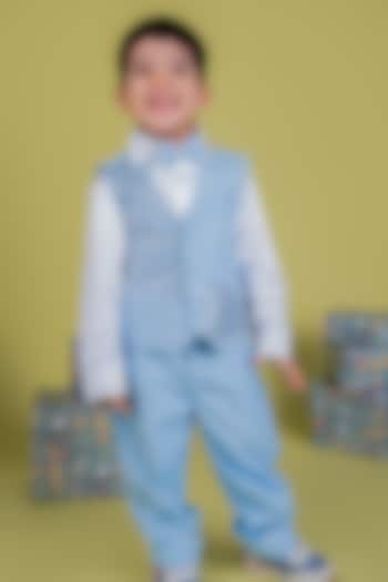 Baby Blue Suiting Shirting Sequins Embellished Waistcoat Set For Boys by Little Luxe