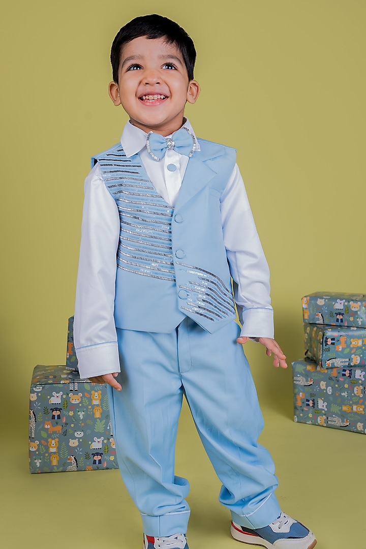 Baby Blue Suiting Shirting Sequins Embellished Waistcoat Set For Boys by Little Luxe