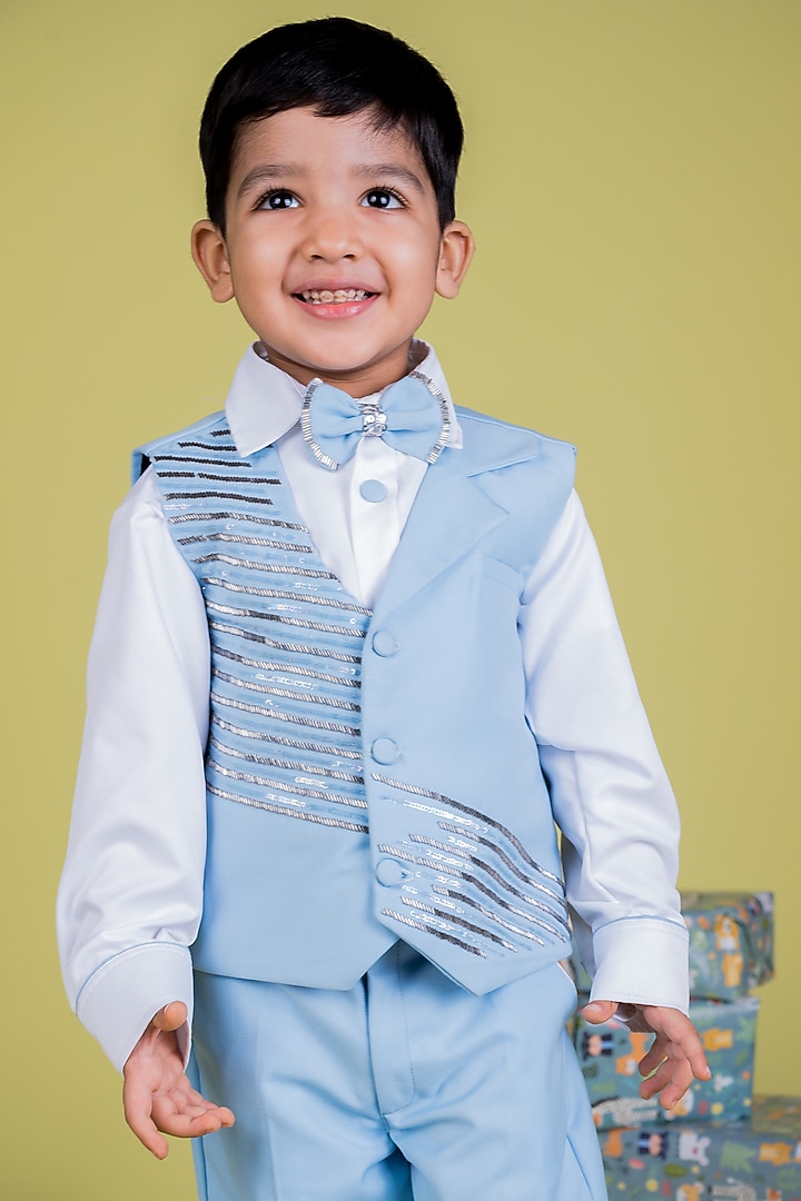 Baby Blue Suiting Shirting Sequins Embellished Waistcoat Set For Boys by Little Luxe at Pernia's Pop Up Shop