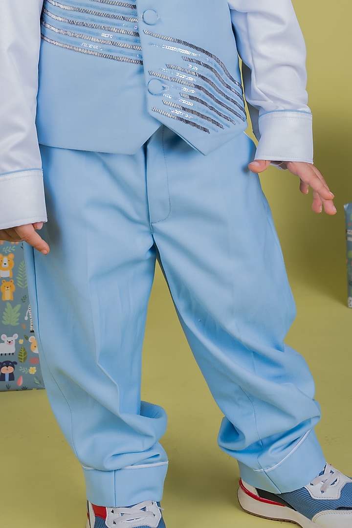 Baby Blue Suiting Shirting Sequins Embellished Waistcoat Set For Boys by Little Luxe at Pernia's Pop Up Shop
