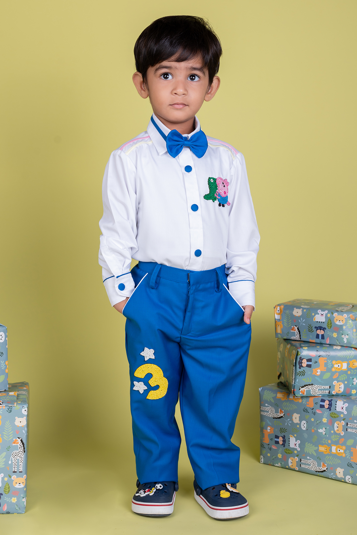 Blue Suiting Shirting Bead Embellished Trouser Set For Boys by Little Luxe