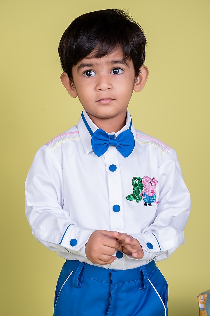 Blue Suiting Shirting Bead Embellished Trouser Set For Boys by Little Luxe at Pernia's Pop Up Shop