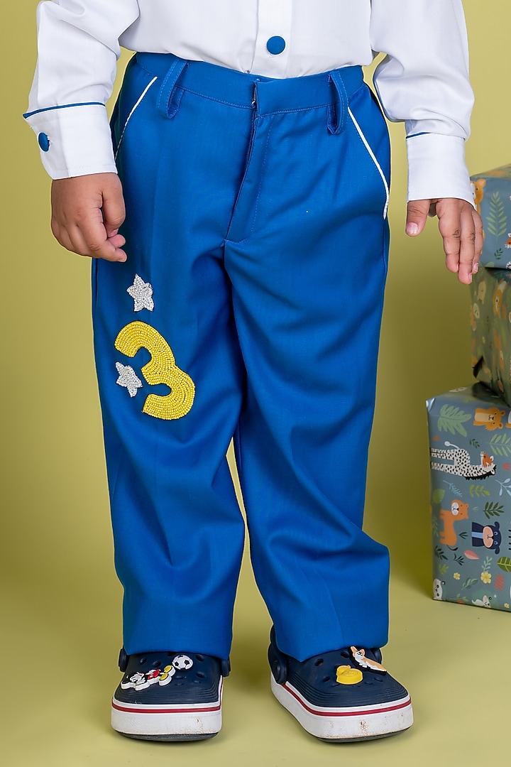 Blue Suiting Shirting Bead Embellished Trouser Set For Boys by Little Luxe at Pernia's Pop Up Shop