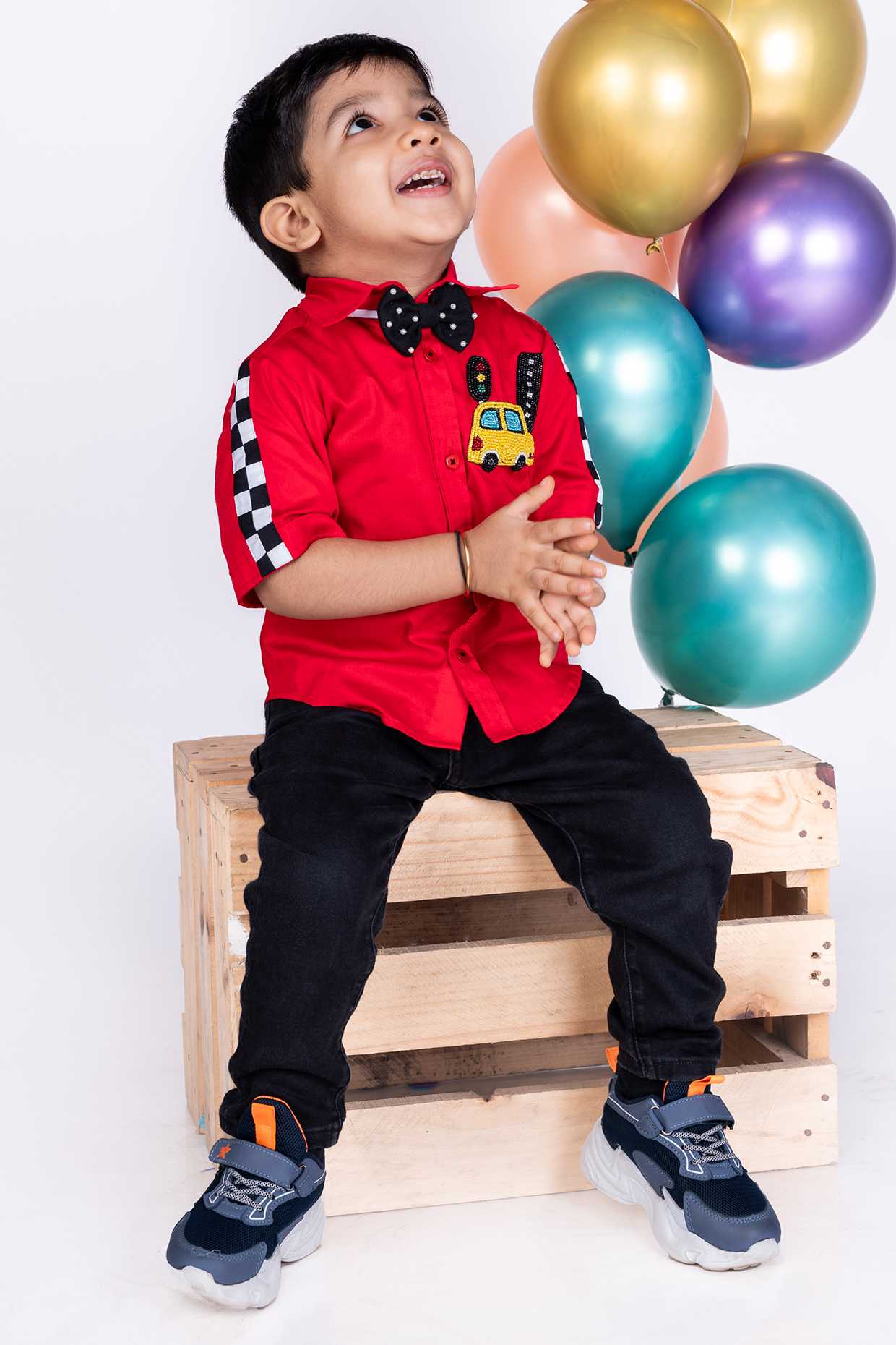 Red Shirting Thread Embroidered Shirt With Bow For Boys by Little Luxe
