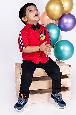 Red Shirting Thread Embroidered Shirt With Bow For Boys by Little Luxe