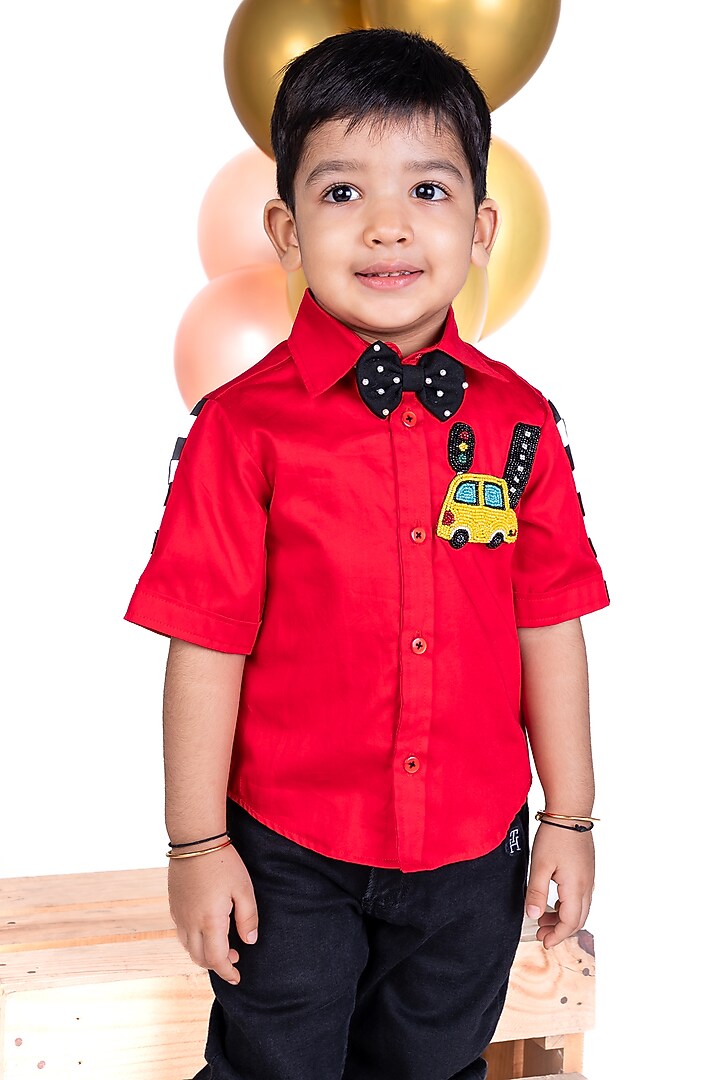 Red Shirting Thread Embroidered Shirt With Bow For Boys by Little Luxe at Pernia's Pop Up Shop