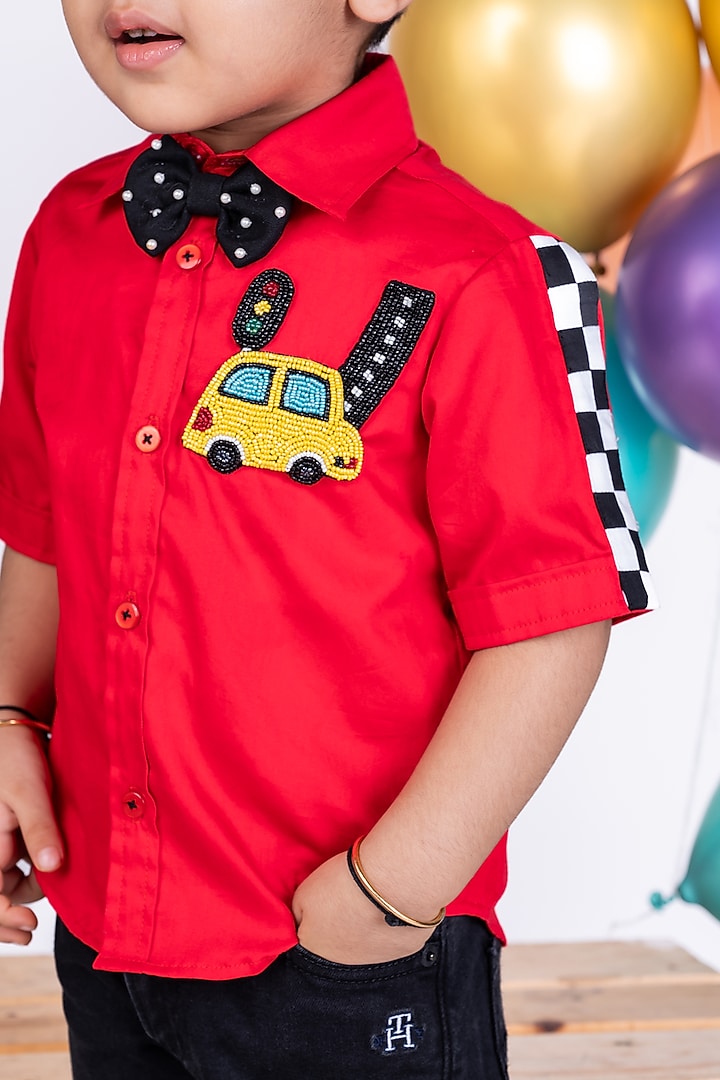 Red Shirting Thread Embroidered Shirt With Bow For Boys by Little Luxe at Pernia's Pop Up Shop