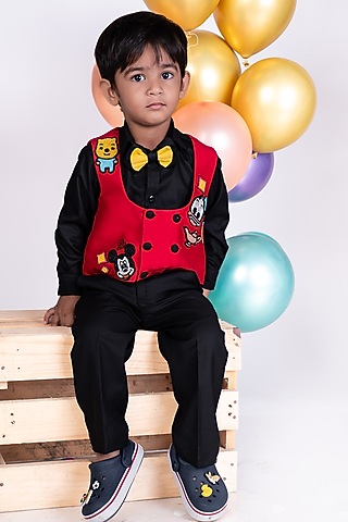 Red Silk & Suiting Patch Embroidered Jacket Set For Boys by Little Luxe