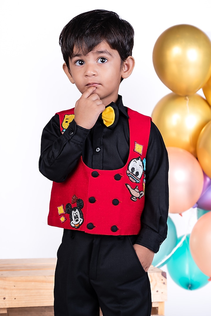 Red Silk & Suiting Patch Embroidered Jacket Set For Boys by Little Luxe at Pernia's Pop Up Shop