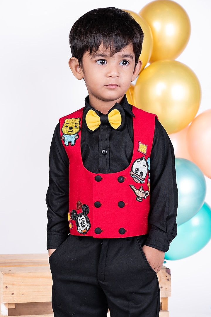 Red Silk & Suiting Patch Embroidered Jacket Set For Boys by Little Luxe at Pernia's Pop Up Shop