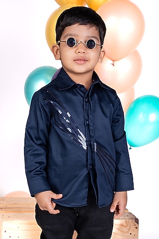 Navy Blue Shirting Metallic Stripe Work Shirt For Boys by Little Luxe