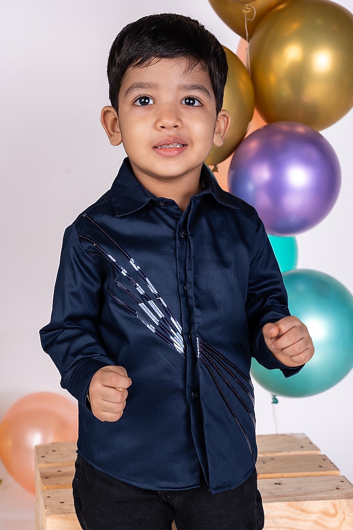 Navy Blue Shirting Metallic Stripe Work Shirt For Boys by Little Luxe at Pernia's Pop Up Shop
