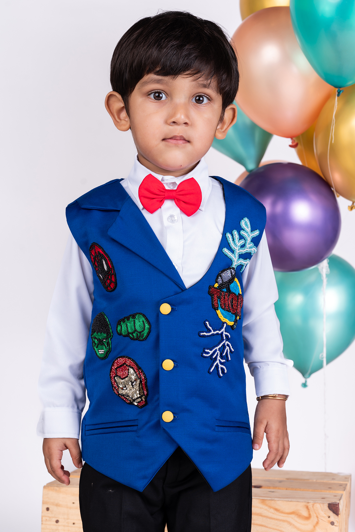 Royal Blue Suiting Shirting Patch Embroidered Jacket For Boys by Little Luxe