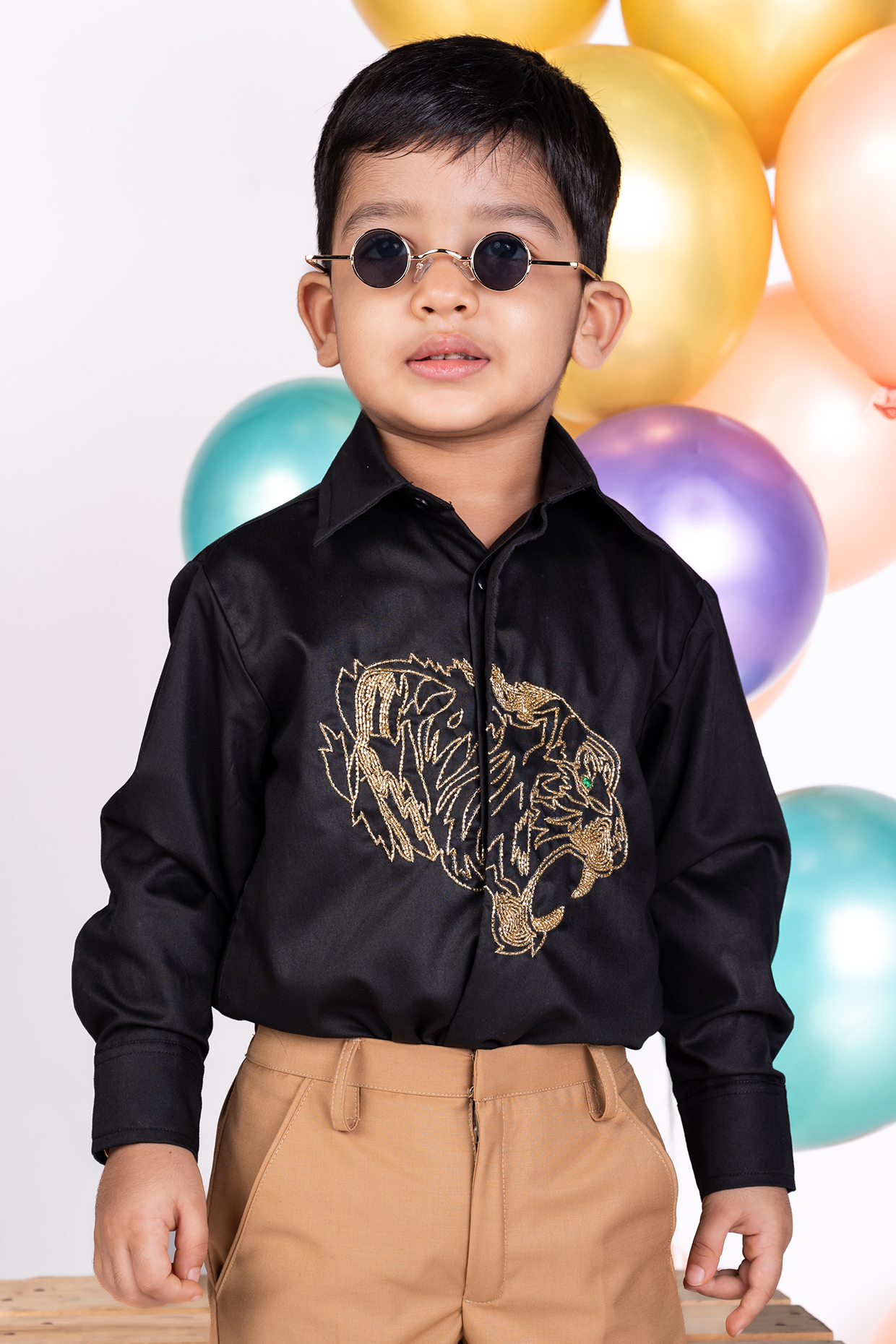 Black Shirting Tiger Embroidered Shirt For Boys by Little Luxe at Pernia's Pop Up Shop