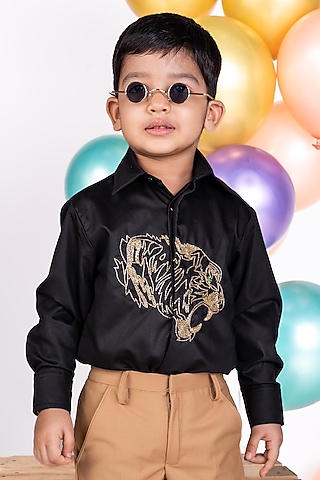 Black Shirting Tiger Embroidered Shirt For Boys by Little Luxe