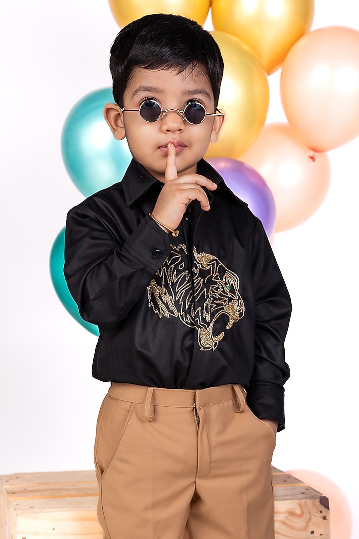 Black Shirting Tiger Embroidered Shirt For Boys by Little Luxe at Pernia's Pop Up Shop