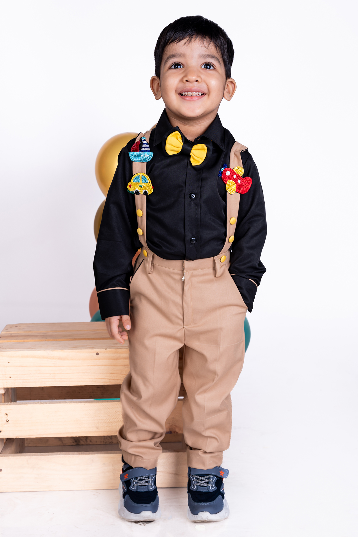 Black Suiting Shirting Bead Embellished Trouser Set For Boys by Little Luxe