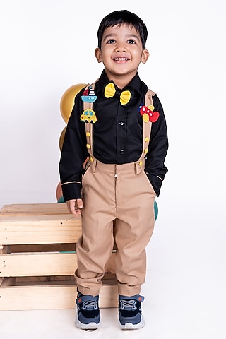 Black Suiting Shirting Bead Embellished Trouser Set For Boys by Little Luxe