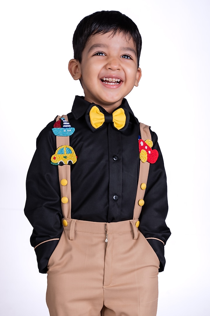 Black Suiting Shirting Bead Embellished Trouser Set For Boys by Little Luxe at Pernia's Pop Up Shop