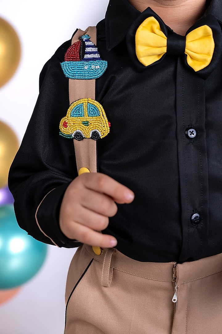 Black Suiting Shirting Bead Embellished Trouser Set For Boys by Little Luxe at Pernia's Pop Up Shop