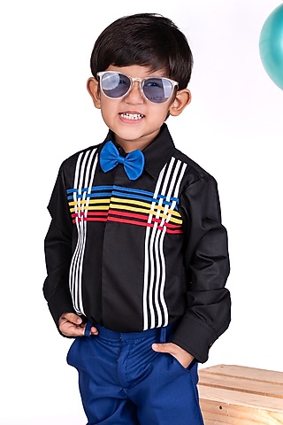 Black Shirting Shirt With Bow For Boys by Little Luxe