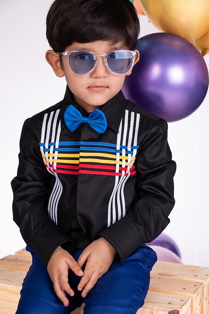 Black Shirting Shirt With Bow For Boys by Little Luxe at Pernia's Pop Up Shop