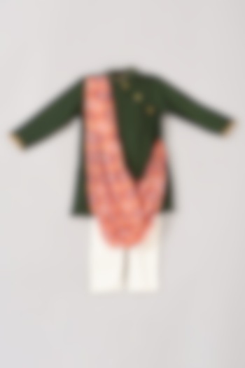 Bottle Green Silk Cowl Kurta Set For Boys by Little Luxe at Pernia's Pop Up Shop