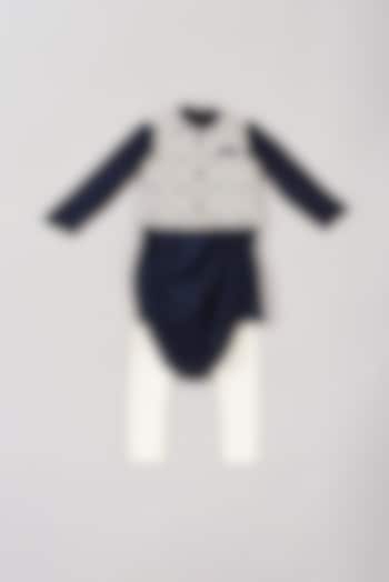 Midnight Blue Silk Cowl Kurta Set With Bundi Jacket For Boys by Little Luxe