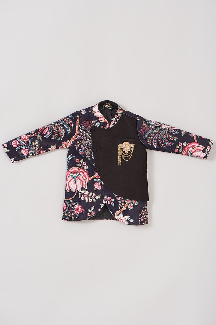 Black Velvet & Silk Printed Jacket For Boys by Little Luxe