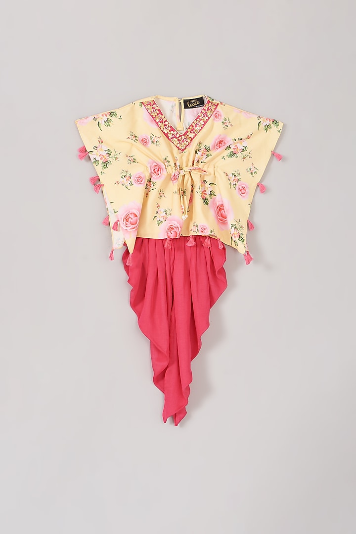 Yellow Floral Printed Kaftan Set For Girls by Little Luxe
